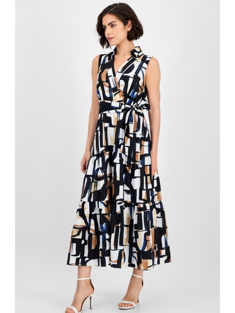 Tahari ASL Sleeveless Abstract Print Tiered Wrap Shirt Dress Size 2